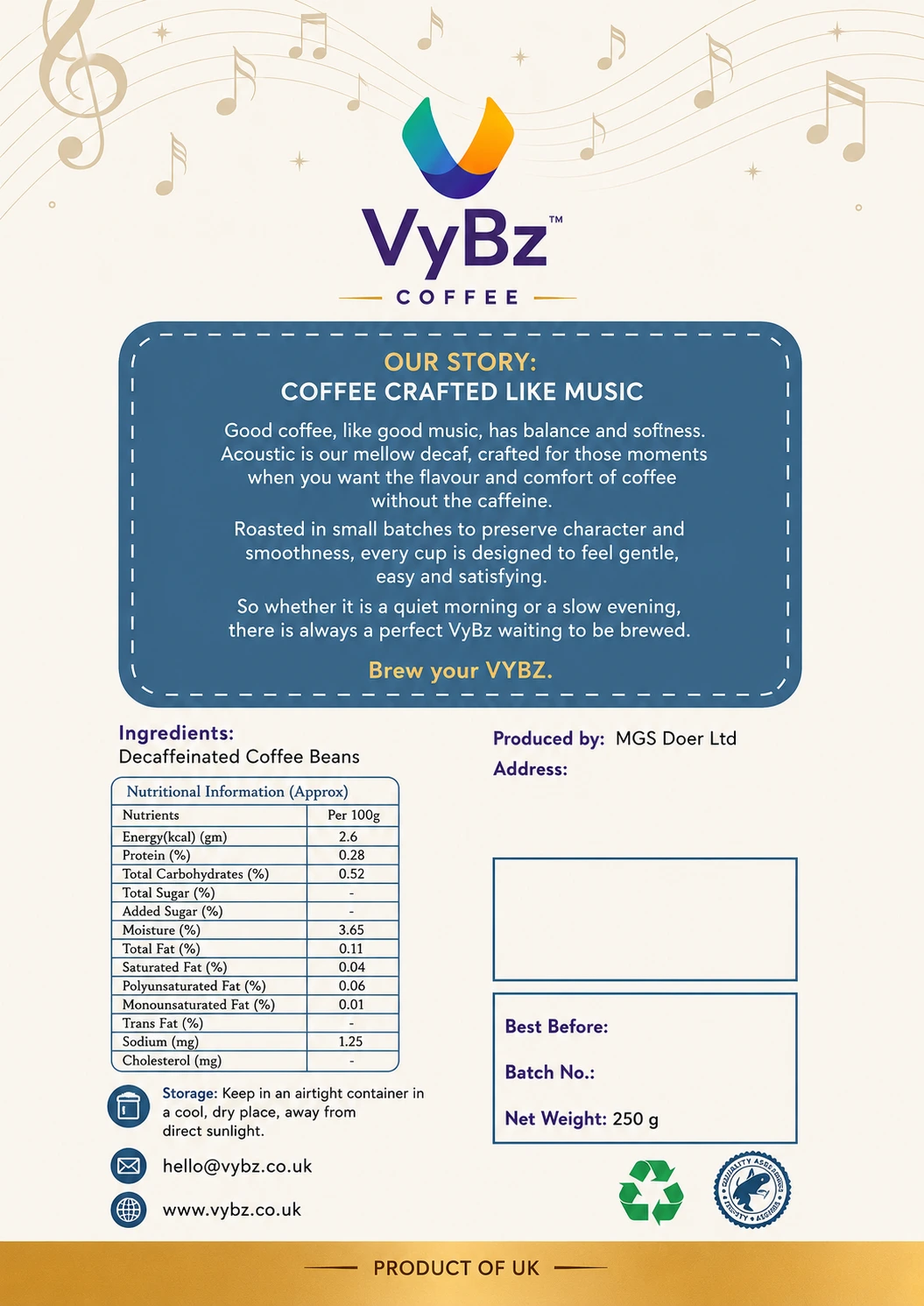 Back of VYBZ ACOUSTIC premium decaf coffee packaging
