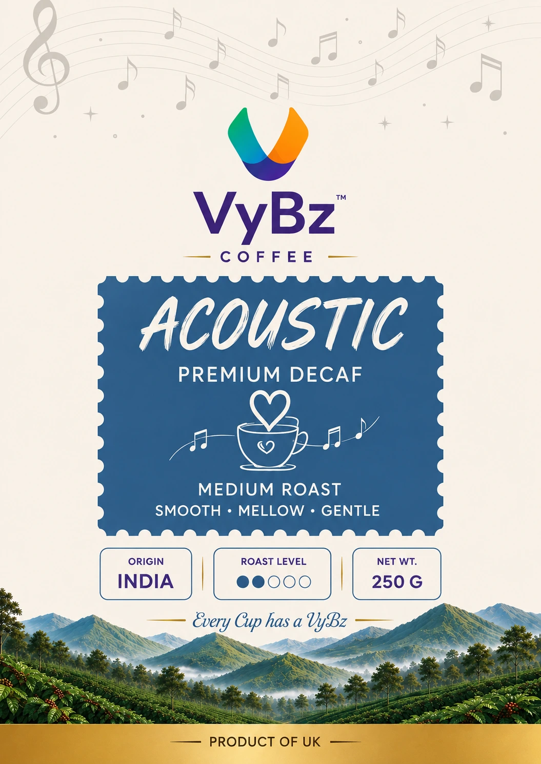 Front of VYBZ ACOUSTIC premium decaf coffee packaging