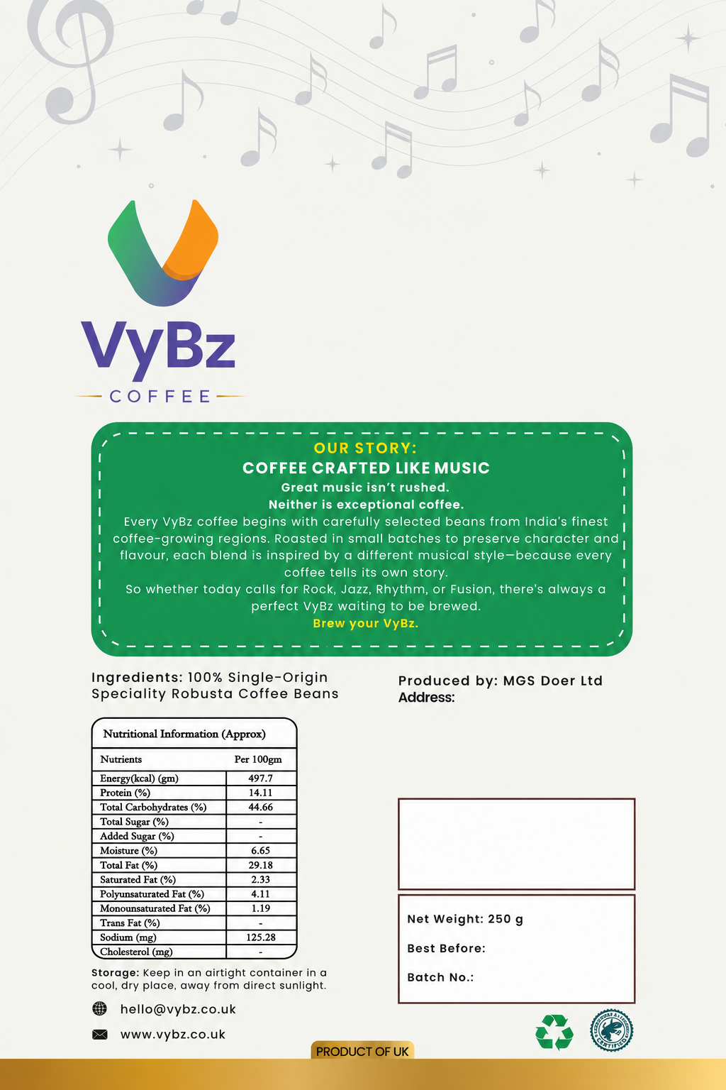 Back of VYBZ JAZZ 100% Arabica coffee packaging