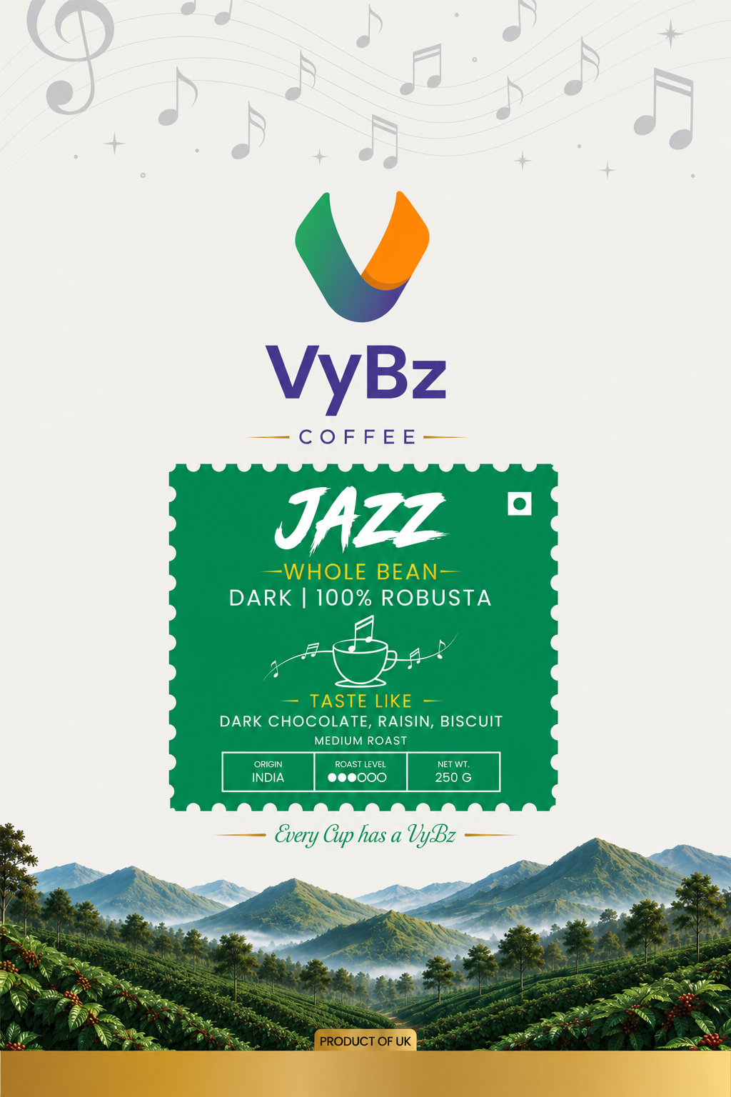 Front of VYBZ JAZZ 100% Arabica coffee packaging