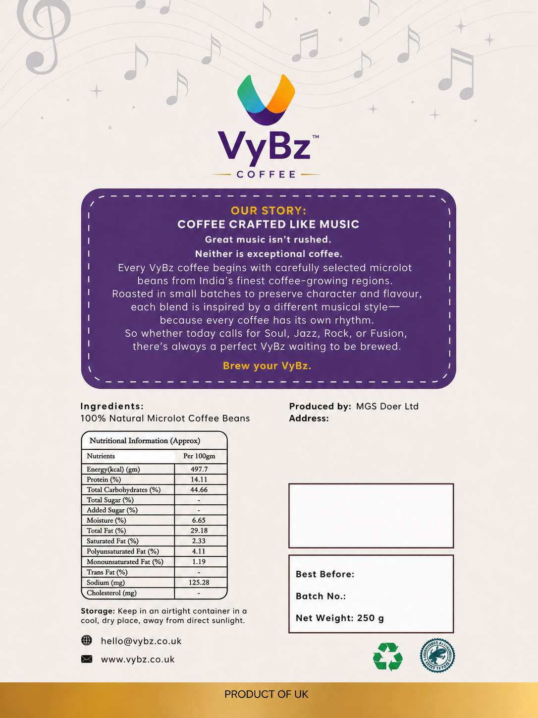 Back of VYBZ SOUL Natural Microlot coffee packaging