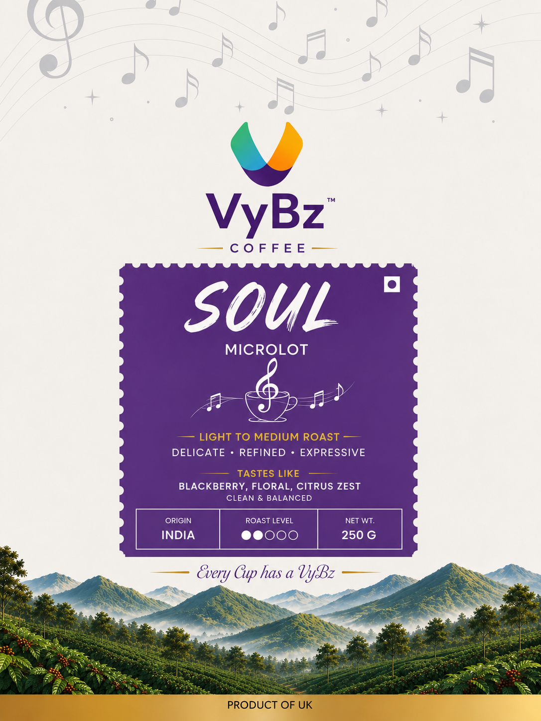 Front of VYBZ SOUL Natural Microlot coffee packaging