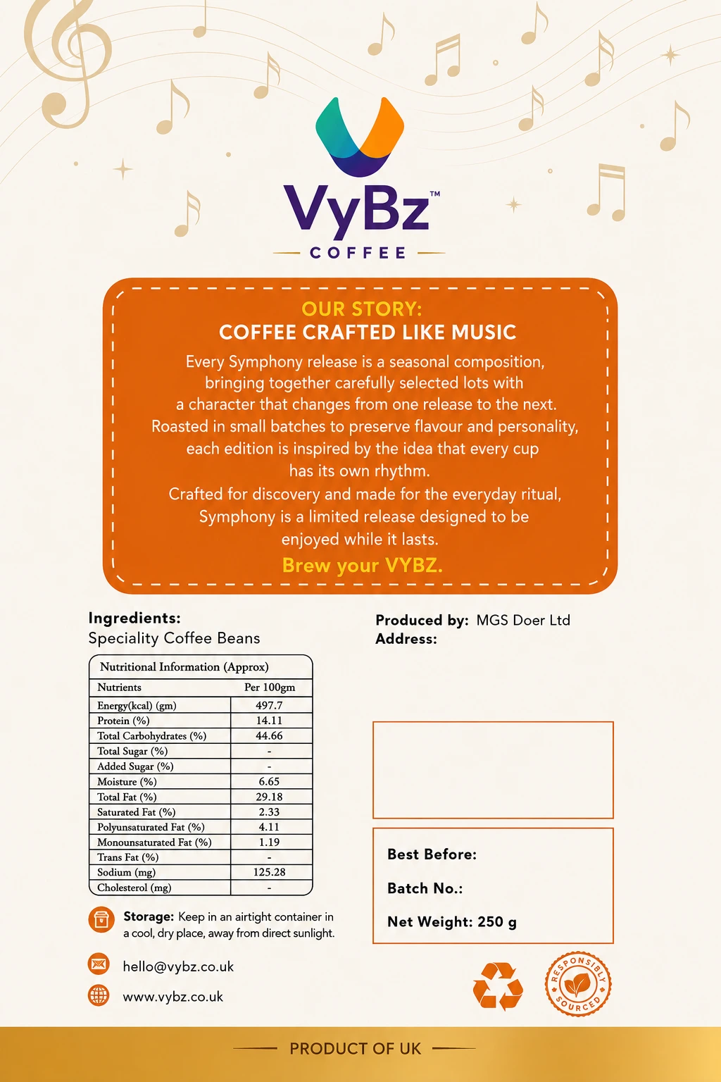Back of VYBZ SYMPHONY seasonal limited edition coffee packaging