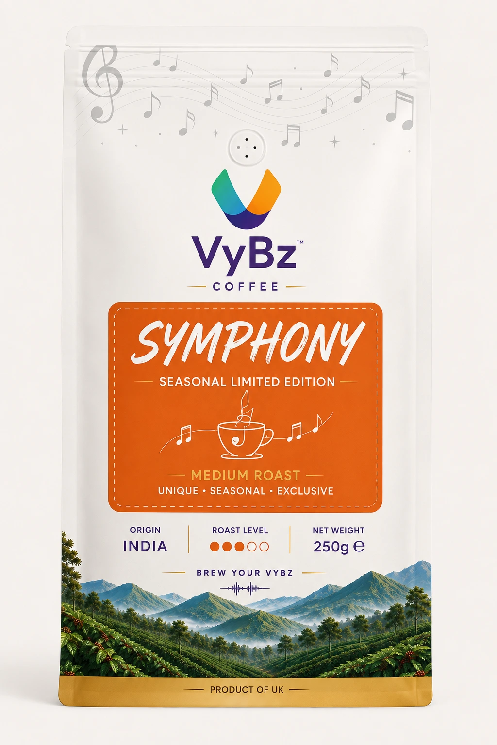 Front of VYBZ SYMPHONY seasonal limited edition coffee packaging