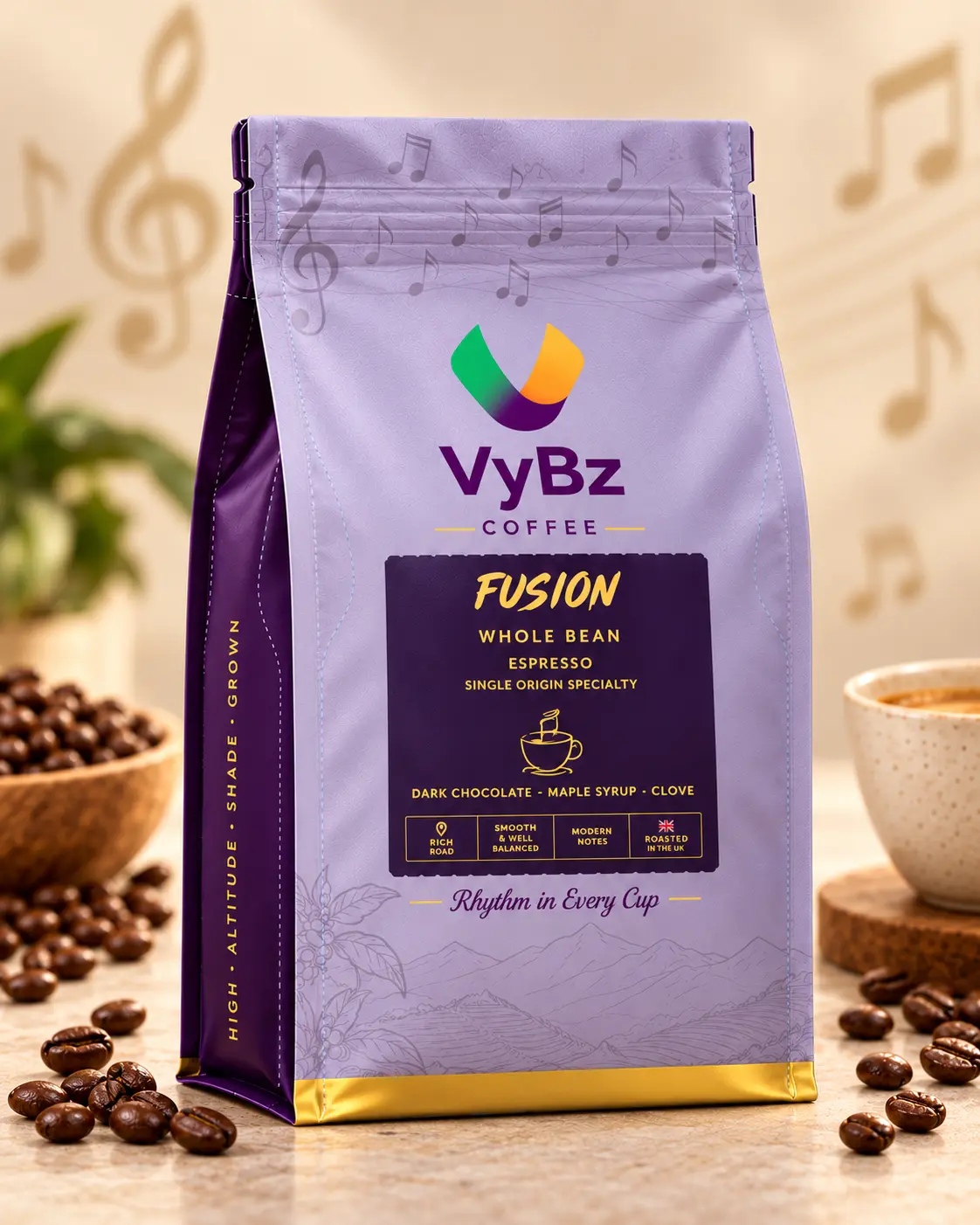VYBZ FUSION espresso coffee pack made with Robusta and Arabica beans